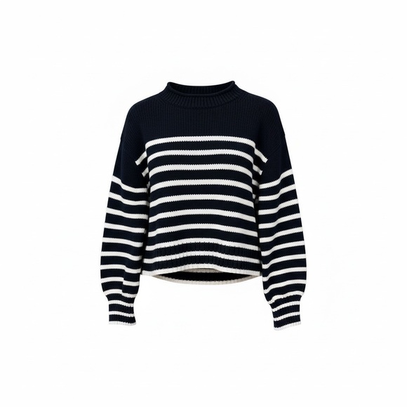 J. Crew Heritage Cotton Rollneck Sweater - Size Small - Navy Blue & White Stripe - Picture 2 of 13